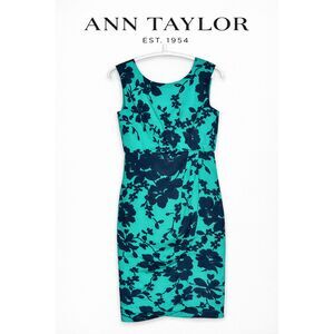Ann Taylor Green Navy Floral Sheath Dress Size 2 Preppy Classic Office Cocktail